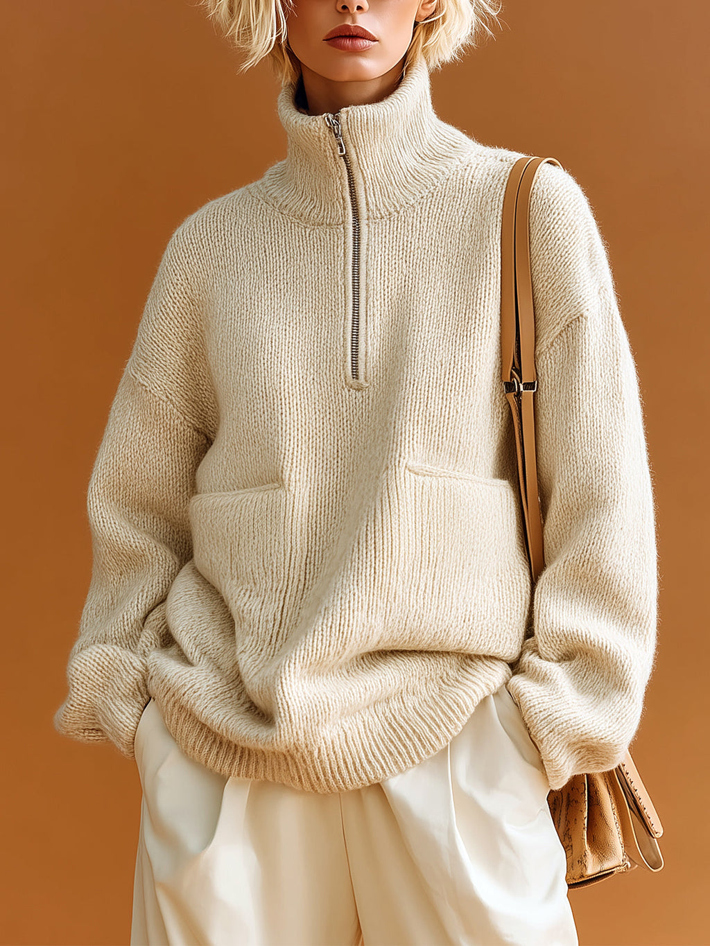 Chic Elegant Cream White Mock Neck Half-Zip Double Pocket Slouchy Knit Sweater