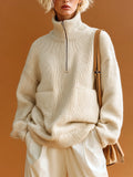 Chic Elegant Cream White Mock Neck Half-Zip Double Pocket Slouchy Knit Sweater