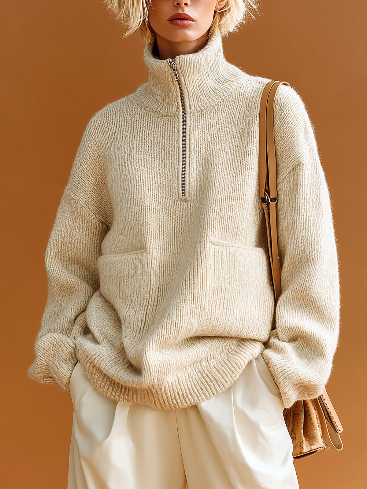 Chic Elegant Cream White Mock Neck Half-Zip Double Pocket Slouchy Knit Sweater