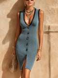 Chic Elegant Gray V-Neck Sleeveless Lace Trim Detail Slim-Fit Single-Breasted Ribbed Knit Mini Dress
