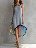 Chic Elegant Blue Round-Neck Sleeveless Loose-Fit Contrast Trim Detail Asymmetrical Hem Knit Midi Dress
