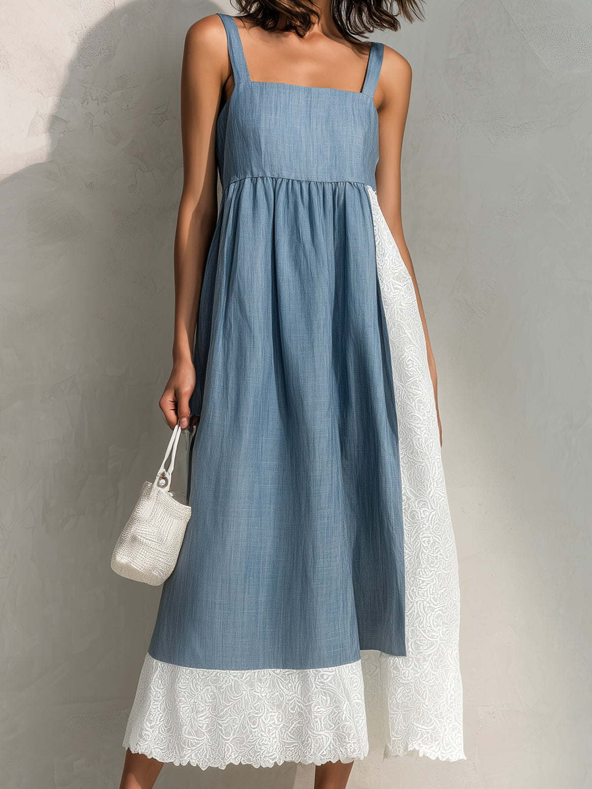 Chic Elegant Dark Blue-White Colorblock Patchwork Cotton Linen Blend Square-Neck Sleeveless Loose-Fit Midi Dress