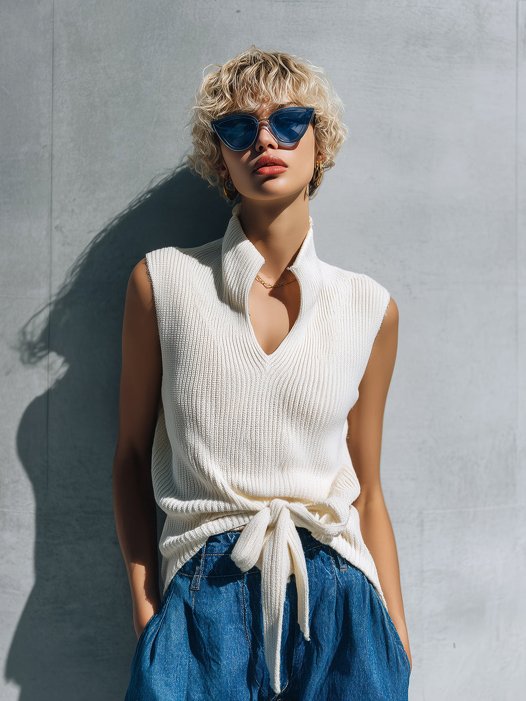 Chic Elegant Cream White Stand Collar V-Neck Sleeveless Bow-Tie Detail Loose-Fit Ribbed Knit Vest