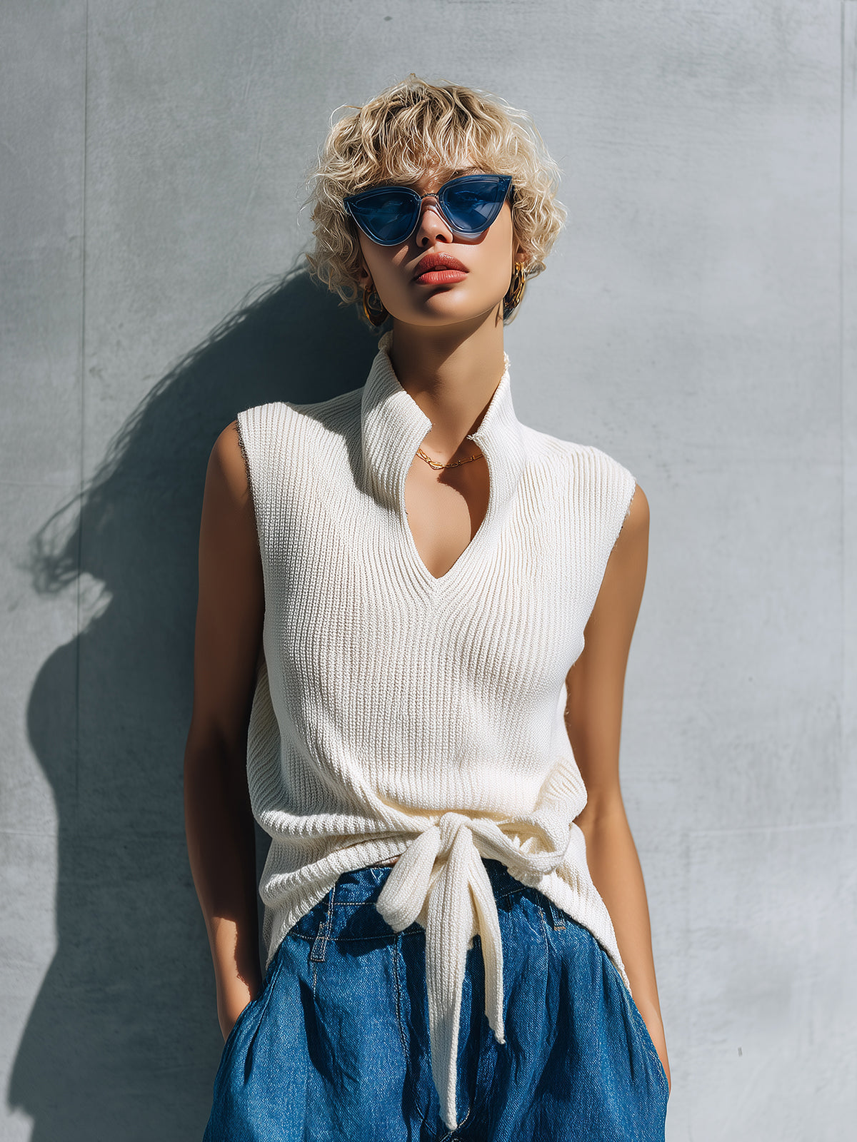 Chic Elegant Cream White Stand Collar V-Neck Sleeveless Bow-Tie Detail Loose-Fit Ribbed Knit Vest