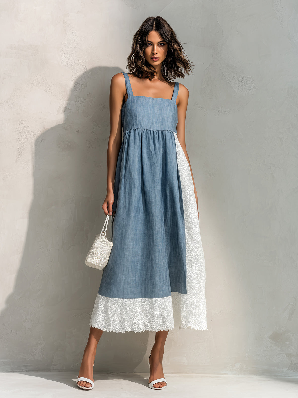 Chic Elegant Dark Blue-White Colorblock Patchwork Cotton Linen Blend Square-Neck Sleeveless Loose-Fit Midi Dress
