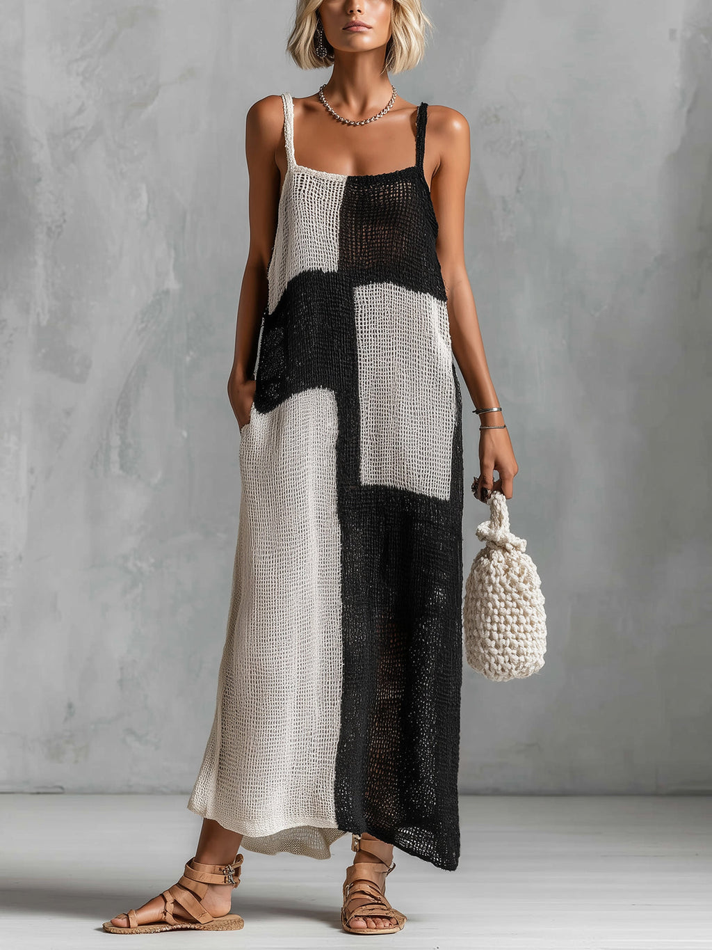 Chic Elegant Black-White Colorblock Spaghetti-Strap Square-Neck Sleeveless Loose-Fit Hollow-Knit Maxi Dress
