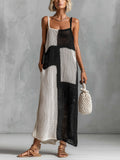 Chic Elegant Black-White Colorblock Spaghetti-Strap Square-Neck Sleeveless Loose-Fit Hollow-Knit Maxi Dress