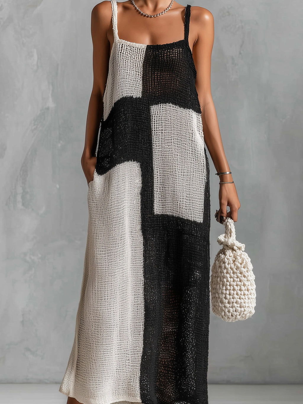 Chic Elegant Black-White Colorblock Spaghetti-Strap Square-Neck Sleeveless Loose-Fit Hollow-Knit Maxi Dress