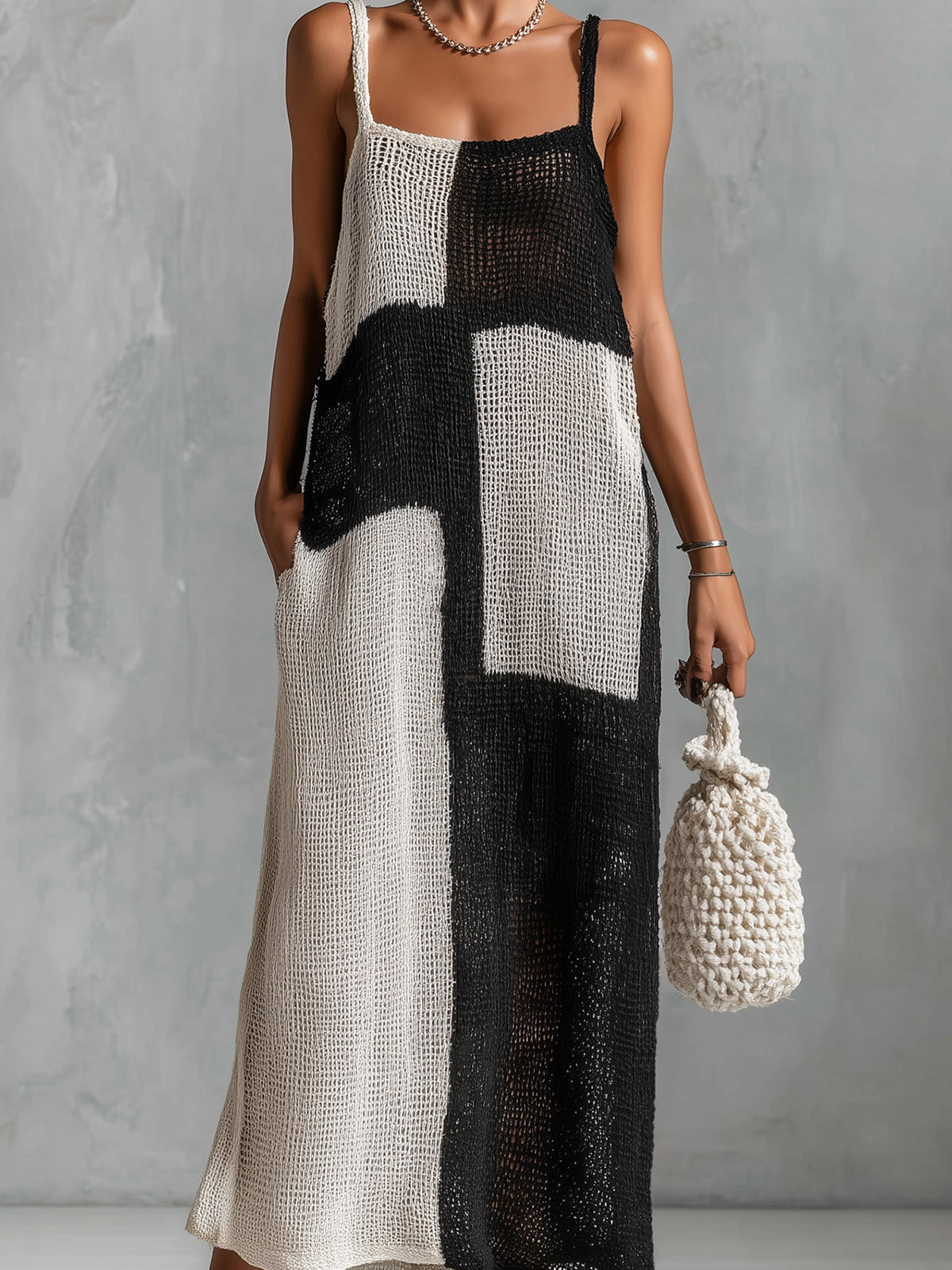 Chic Elegant Black-White Colorblock Spaghetti-Strap Square-Neck Sleeveless Loose-Fit Hollow-Knit Maxi Dress