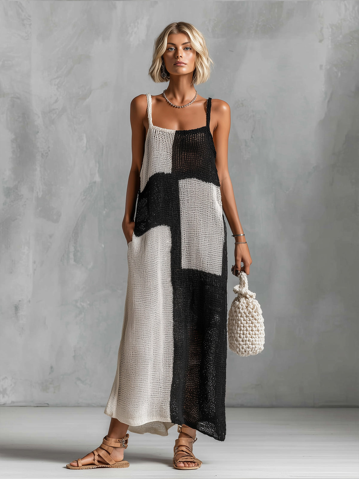 Chic Elegant Black-White Colorblock Spaghetti-Strap Square-Neck Sleeveless Loose-Fit Hollow-Knit Maxi Dress