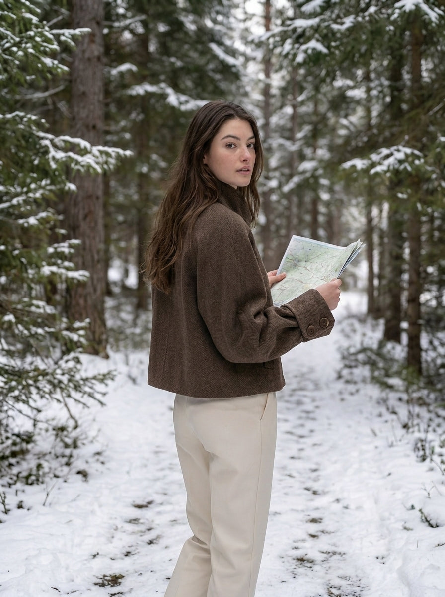 Mediterranean Old Money Brown Herringbone Wool Blend Stand Collar Cropped Coat