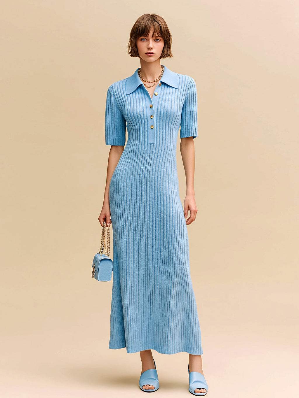 Chic Elegant Blue Lapel Collar Button-Front Short-Sleeve Slim-Fit Flare Hem Ribbed Knit Maxi Dress