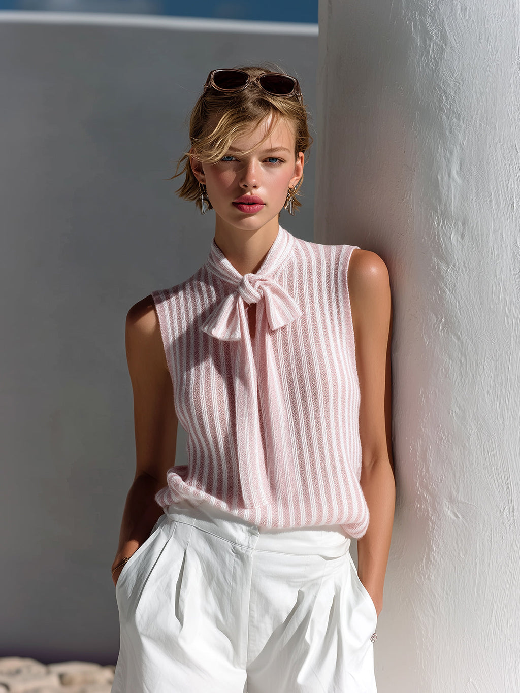 Chic Elegant Pink-White Stripes Bow-Tie Collar Sleeveless Loose-Fit Knit Vest Top
