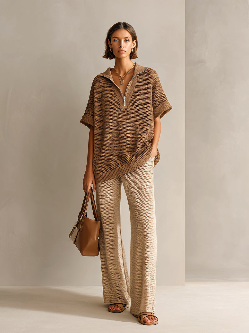 Chic Elegant Brown Zipper-Up Lapel Short-Sleeve Sweater Beige Wide-Leg Pants Mesh Knit Two-Piece Set