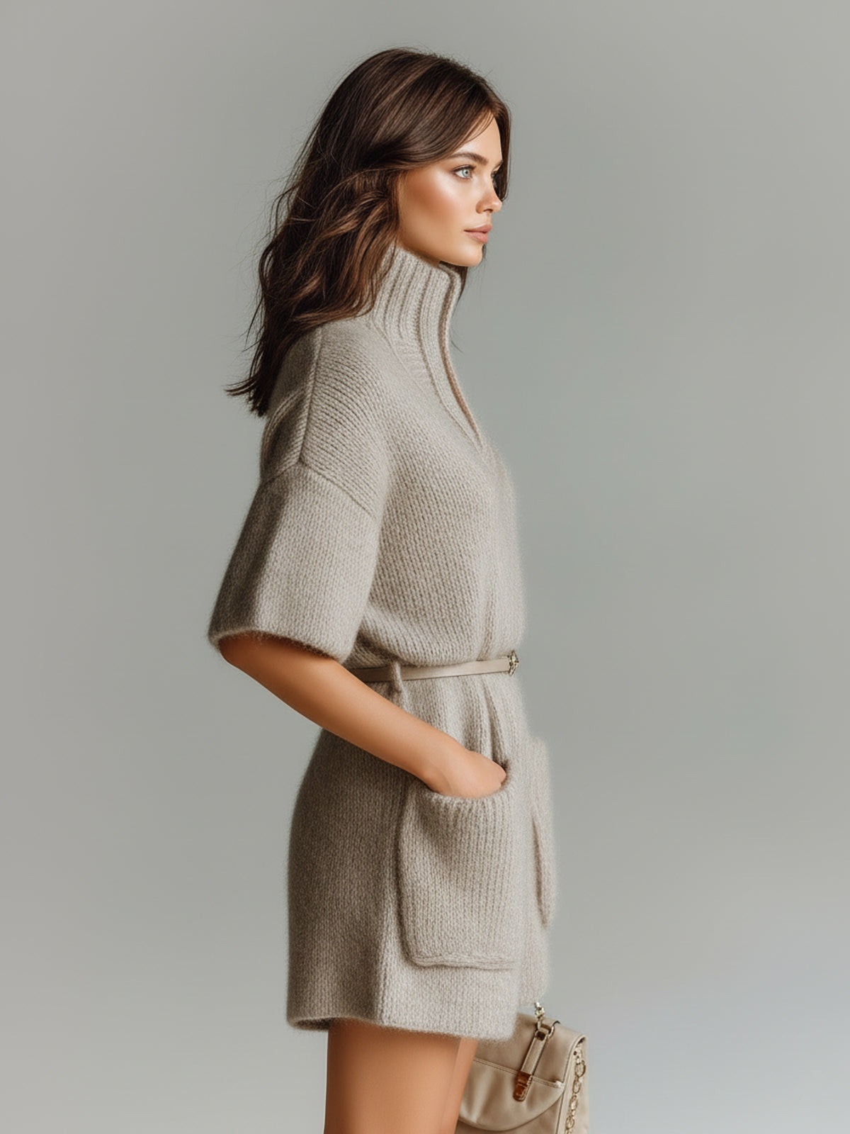 Chic Casual Light Brown Stand Collar V-Neck Short Sleeve Belted Patch Pockets Oversize Fuzzy Knit Romper