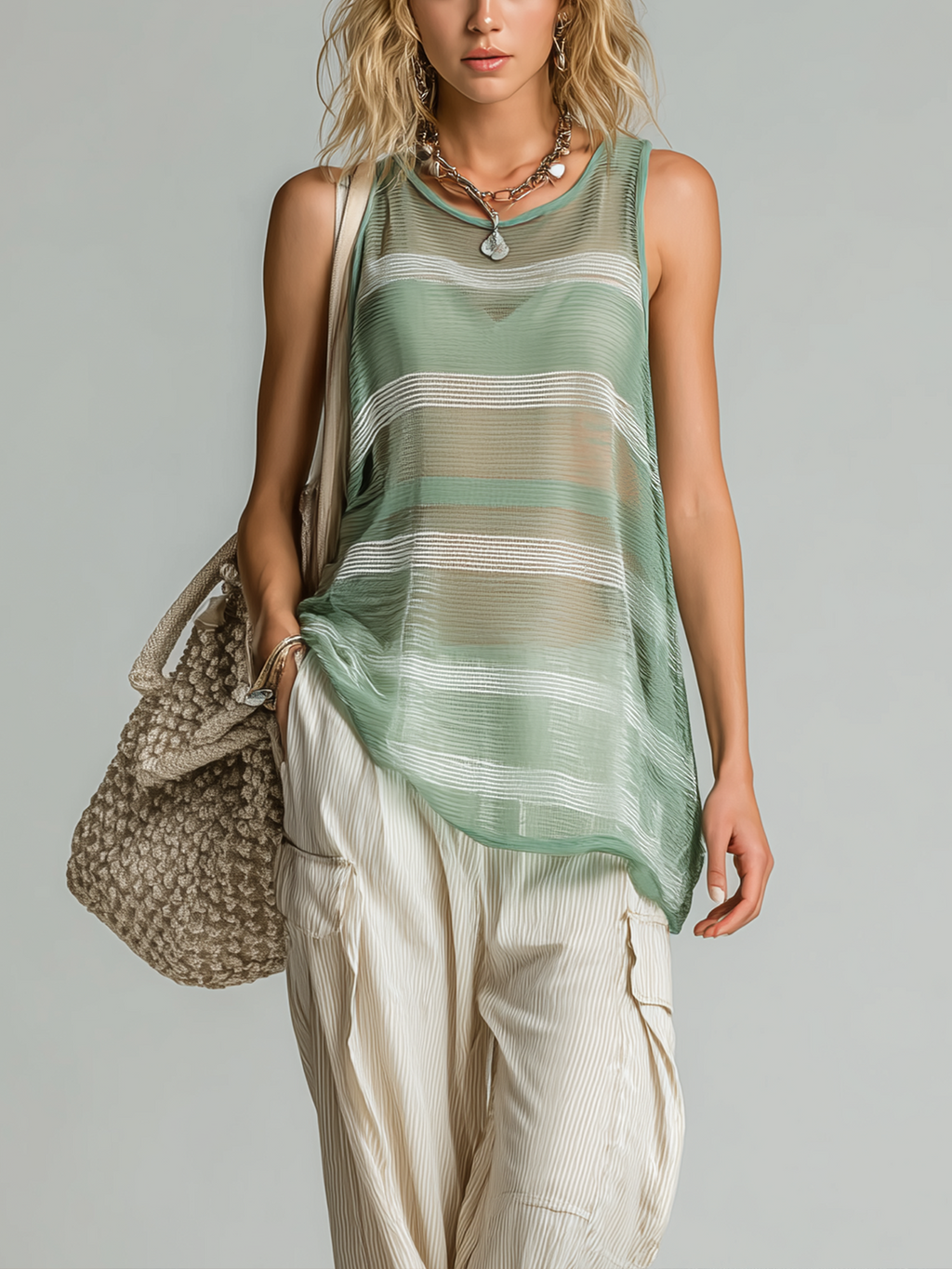 Chic Casual Green White Striped Crew Neck Sleeveless Loose-fitting Openwork Mesh Knit Vest Top