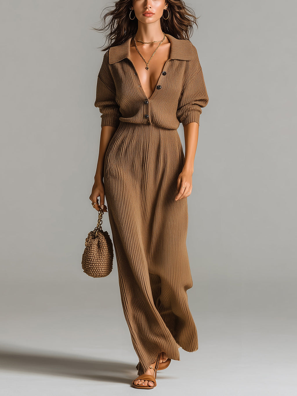 Chic Elegant Brown Button-Up Lapel Collar Half-Sleeve Elastic Waist Loose Fit Ribbed Knit Maxi Dress