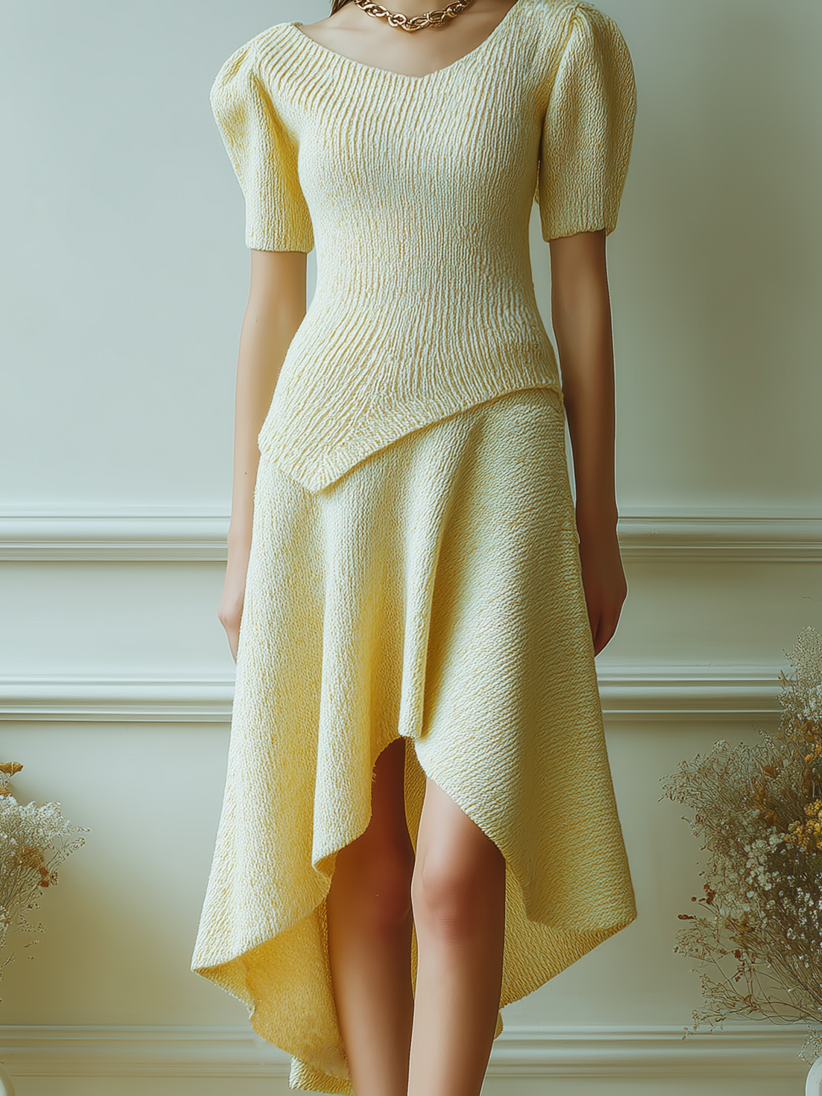 Chic Vintage Light Yellow Crew-Neck Short Puff Sleeve Top Irregular A-line Maxi Skirt Knit Two-Piece Set