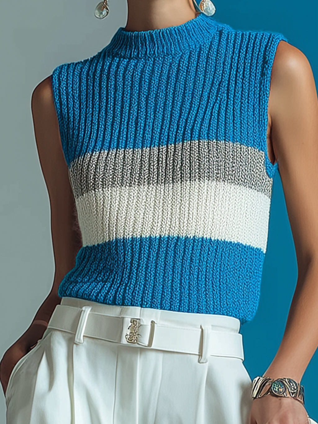 Fashion Casual Blue High-Neck Striped Jacquard Loose Sleeveless Knit Vest