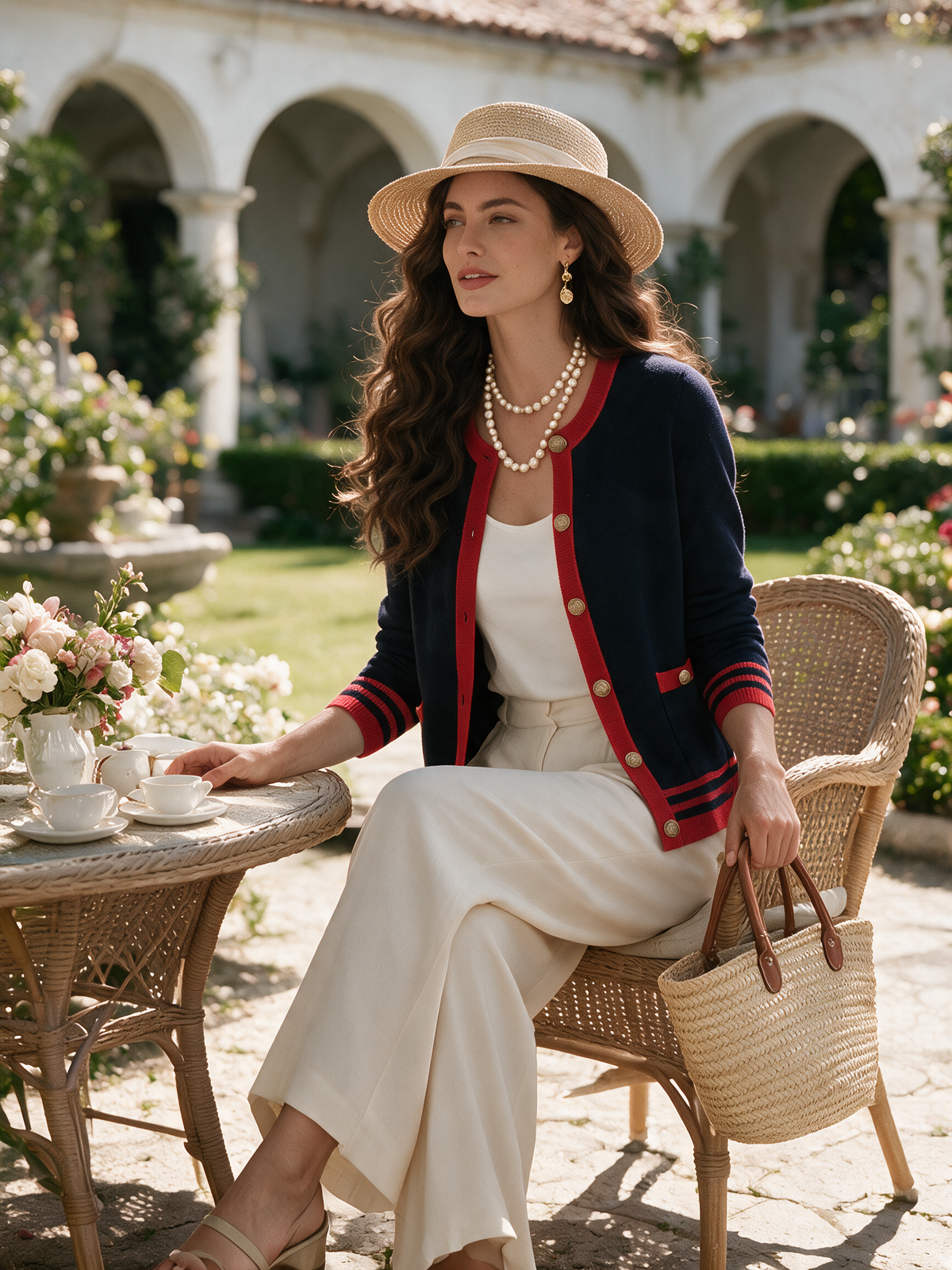 Vintage Old Money Gold Buttons Color-Block Navy Knit Cardigan