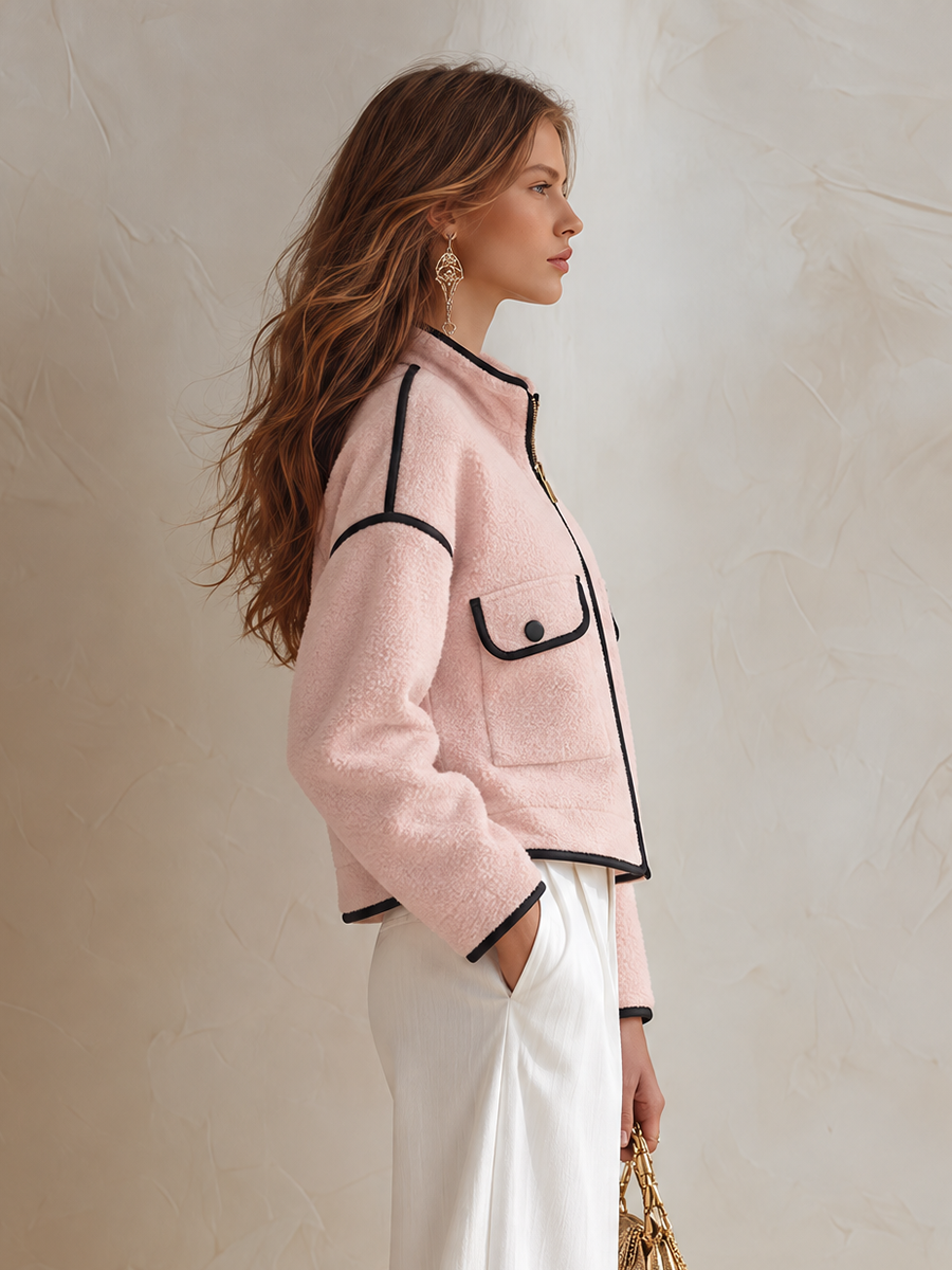 Resort-style Stand-up Collar Long-sleeved Black Trim Jacket