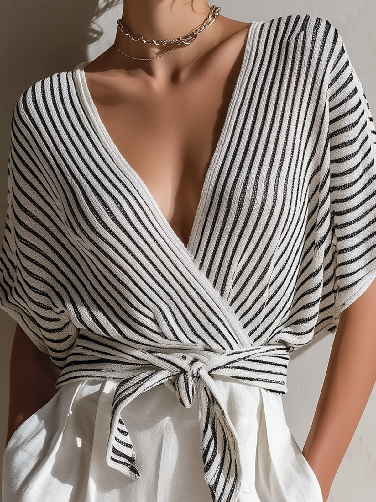 Chic Elegant Black-White Pinstripe Cross V-Neck Short-Sleeve Tie Waist Loose Fit Knit Sweater Top