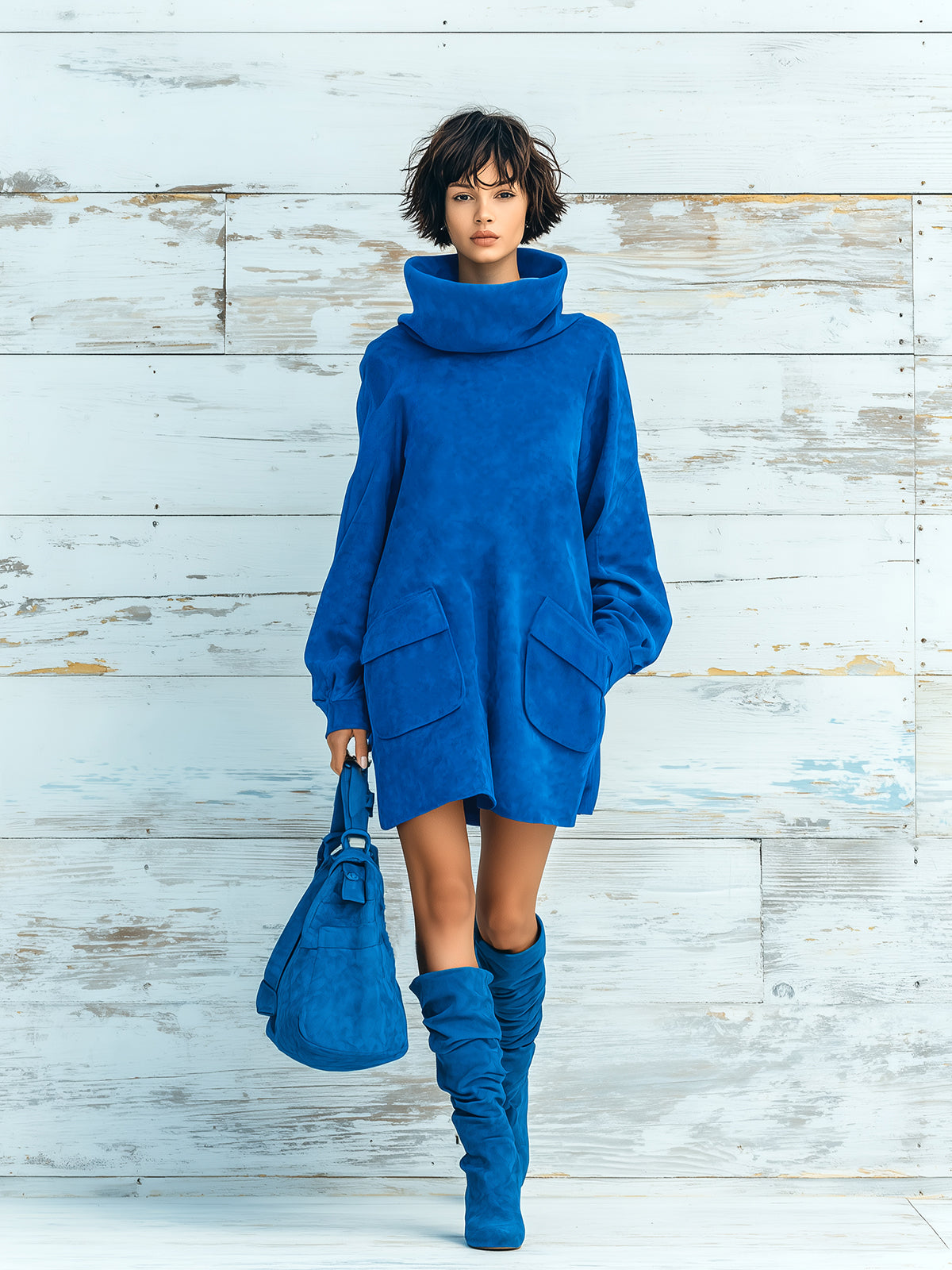 Chic Elegant Royal Blue Faux Suede Oversized Turtleneck Long Lantern Sleeve Patch Pocket Mini Dress