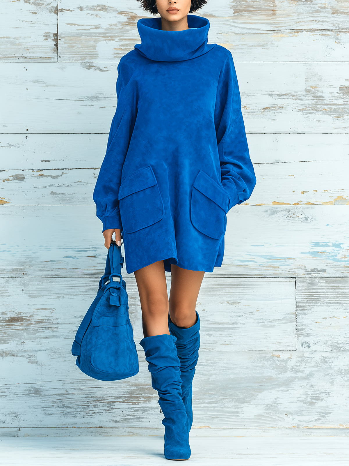 Chic Elegant Royal Blue Faux Suede Oversized Turtleneck Long Lantern Sleeve Patch Pocket Mini Dress