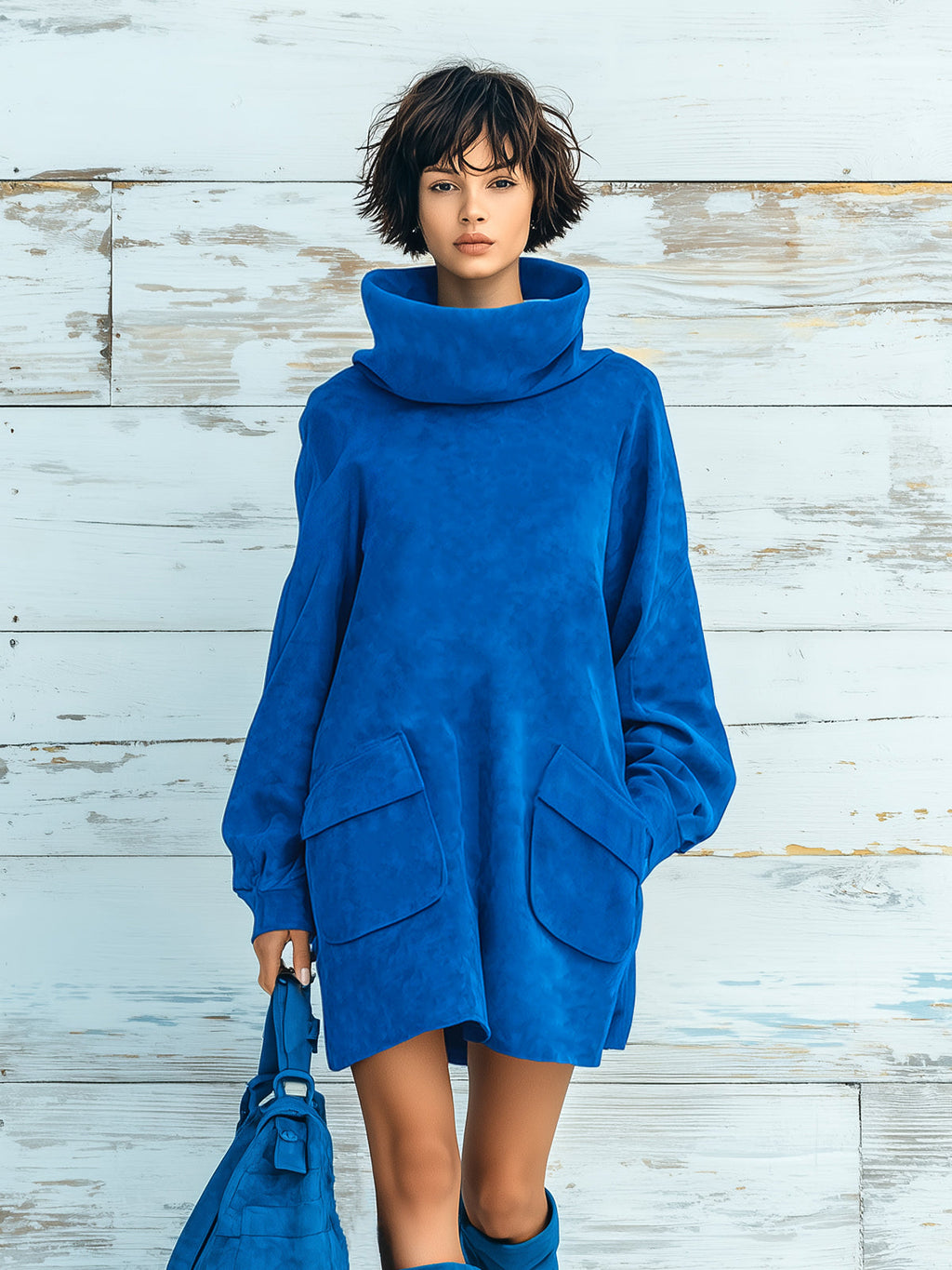Chic Elegant Royal Blue Faux Suede Oversized Turtleneck Long Lantern Sleeve Patch Pocket Mini Dress