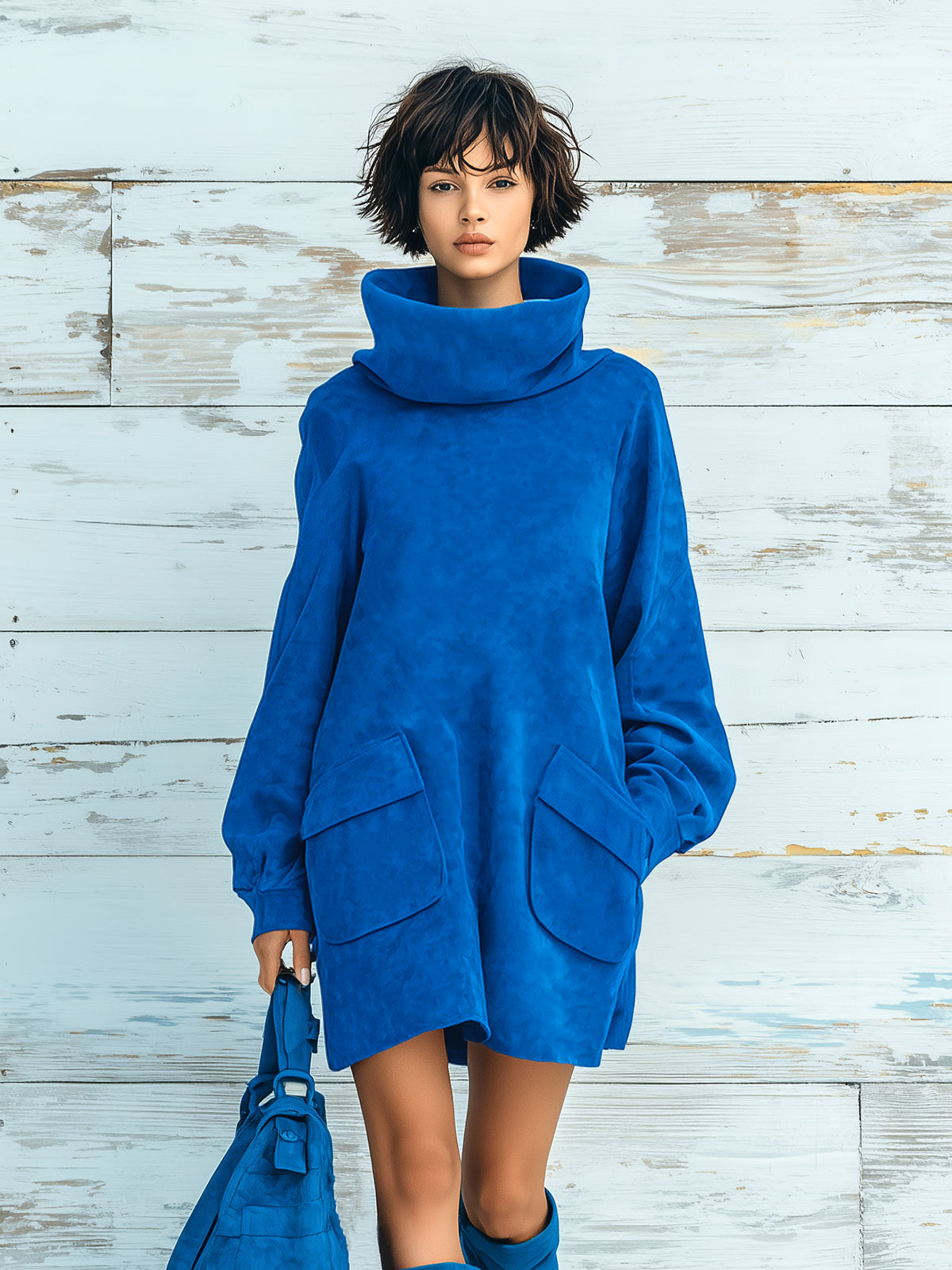 Chic Elegant Royal Blue Faux Suede Oversized Turtleneck Long Lantern Sleeve Patch Pocket Mini Dress