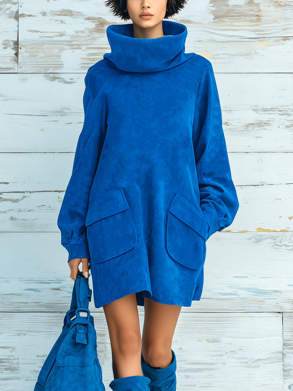 Chic Elegant Royal Blue Faux Suede Oversized Turtleneck Long Lantern Sleeve Patch Pocket Mini Dress