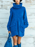 Chic Elegant Royal Blue Faux Suede Oversized Turtleneck Long Lantern Sleeve Patch Pocket Mini Dress
