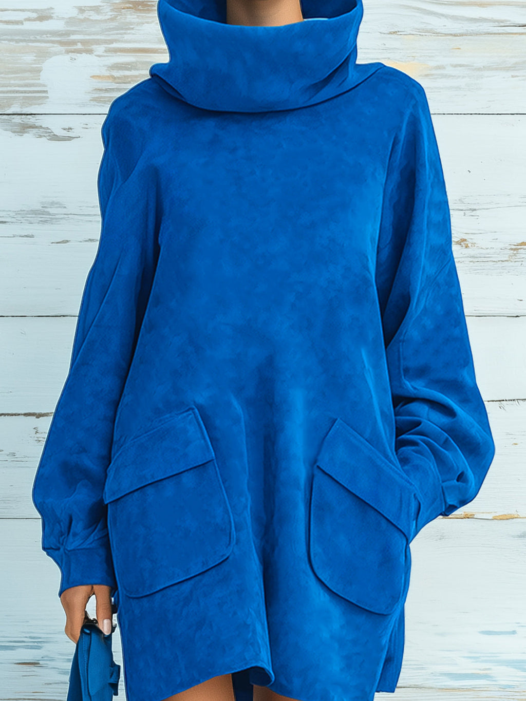 Chic Elegant Royal Blue Faux Suede Oversized Turtleneck Long Lantern Sleeve Patch Pocket Mini Dress