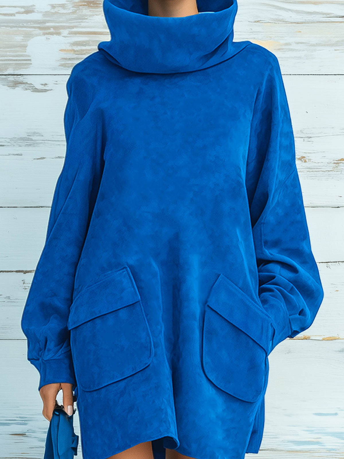 Chic Elegant Royal Blue Faux Suede Oversized Turtleneck Long Lantern Sleeve Patch Pocket Mini Dress