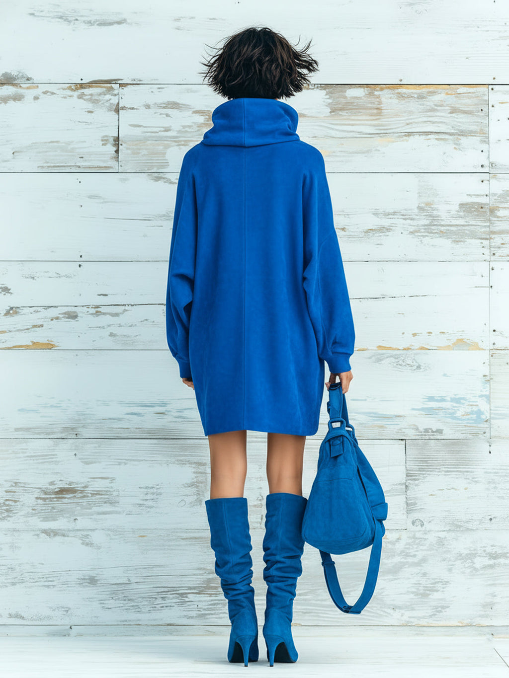 Chic Elegant Royal Blue Faux Suede Oversized Turtleneck Long Lantern Sleeve Patch Pocket Mini Dress