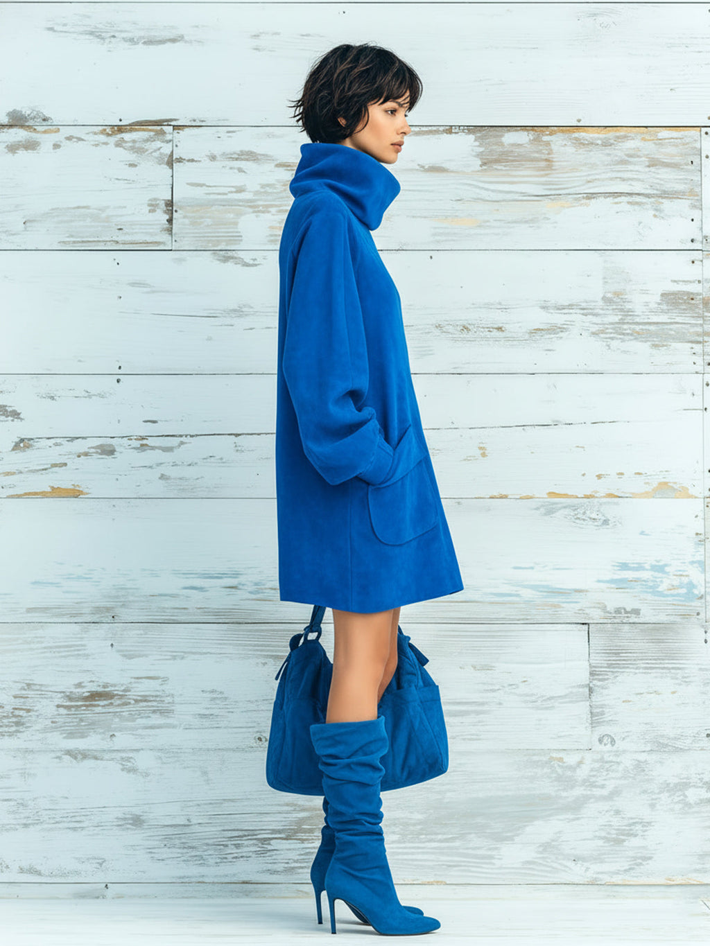 Chic Elegant Royal Blue Faux Suede Oversized Turtleneck Long Lantern Sleeve Patch Pocket Mini Dress