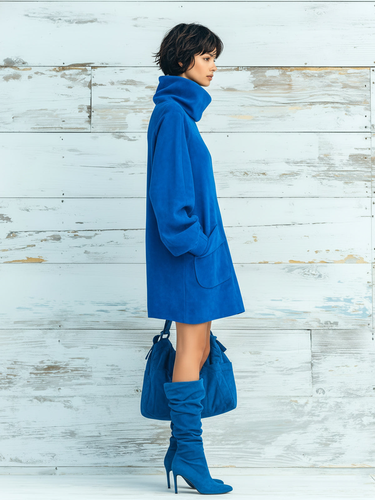 Chic Elegant Royal Blue Faux Suede Oversized Turtleneck Long Lantern Sleeve Patch Pocket Mini Dress