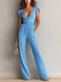 Chic Elegant Blue Deep V-Neck Lace Trim Detail Short-Sleeve Tailored Waist Knit Wide-Leg Jumpsuit