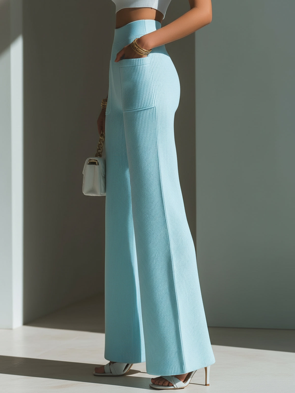 Chic Elegant Baby Blue High Waist Patch Pocket Details Ribbed Knit Wide-Leg Pants