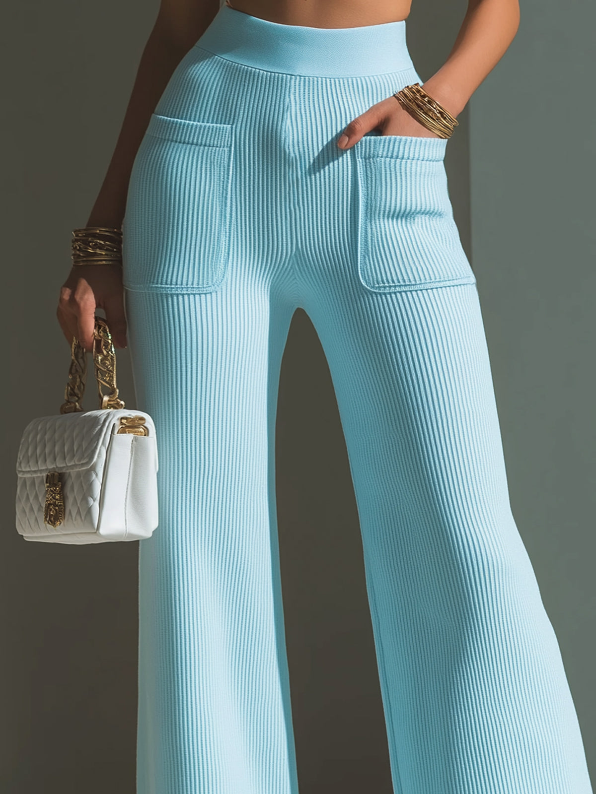 Chic Elegant Baby Blue High Waist Patch Pocket Details Ribbed Knit Wide-Leg Pants