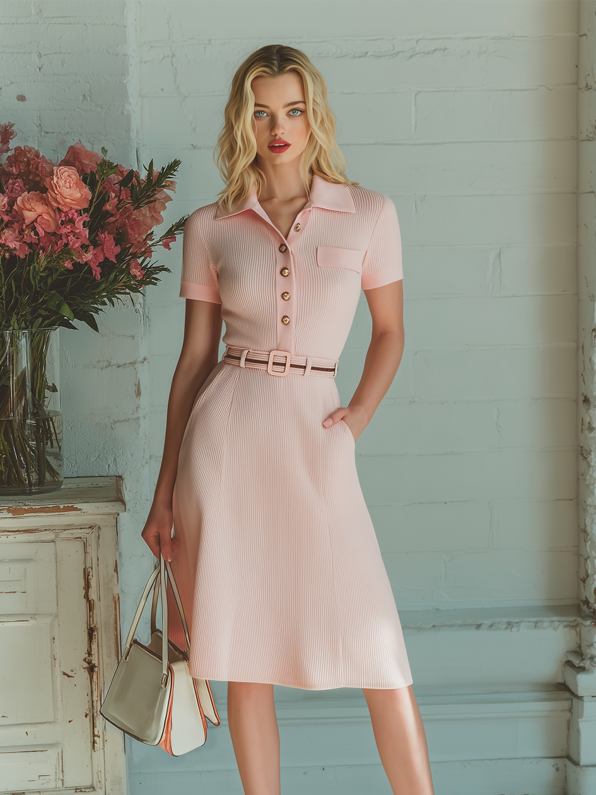 Chic Vintage Pink Polo Collar Short Sleeve Button-Front Belted Patch Pocket Slim-Fit Flare Hem Ribbed Knit Midi Dress