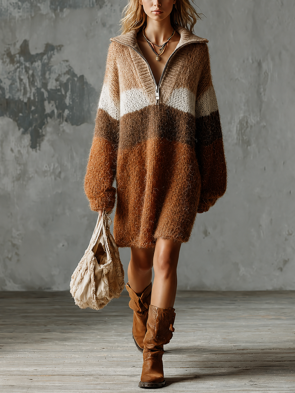 Chic Casual Earth‑Tone Colorblock Lapel Collar Half‑Zip Dropped Shoulder Long-Sleeve Loose-Fit Fuzzy Knit Mini Dress