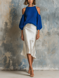 Chic Elegant Royal Blue Halter Crew-Neck Cold-Shoulder Balloon Sleeves Loose-Fit Knit Sweater White Satin Fabric Midi Skirt Two-Piece Set