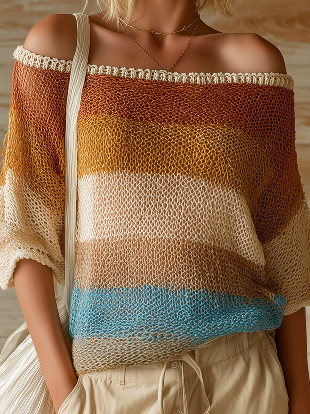 Chic Casual Beige Striped Off-Shoulder Short-Sleeve Loose-Fit Mesh Knit Sweater Top