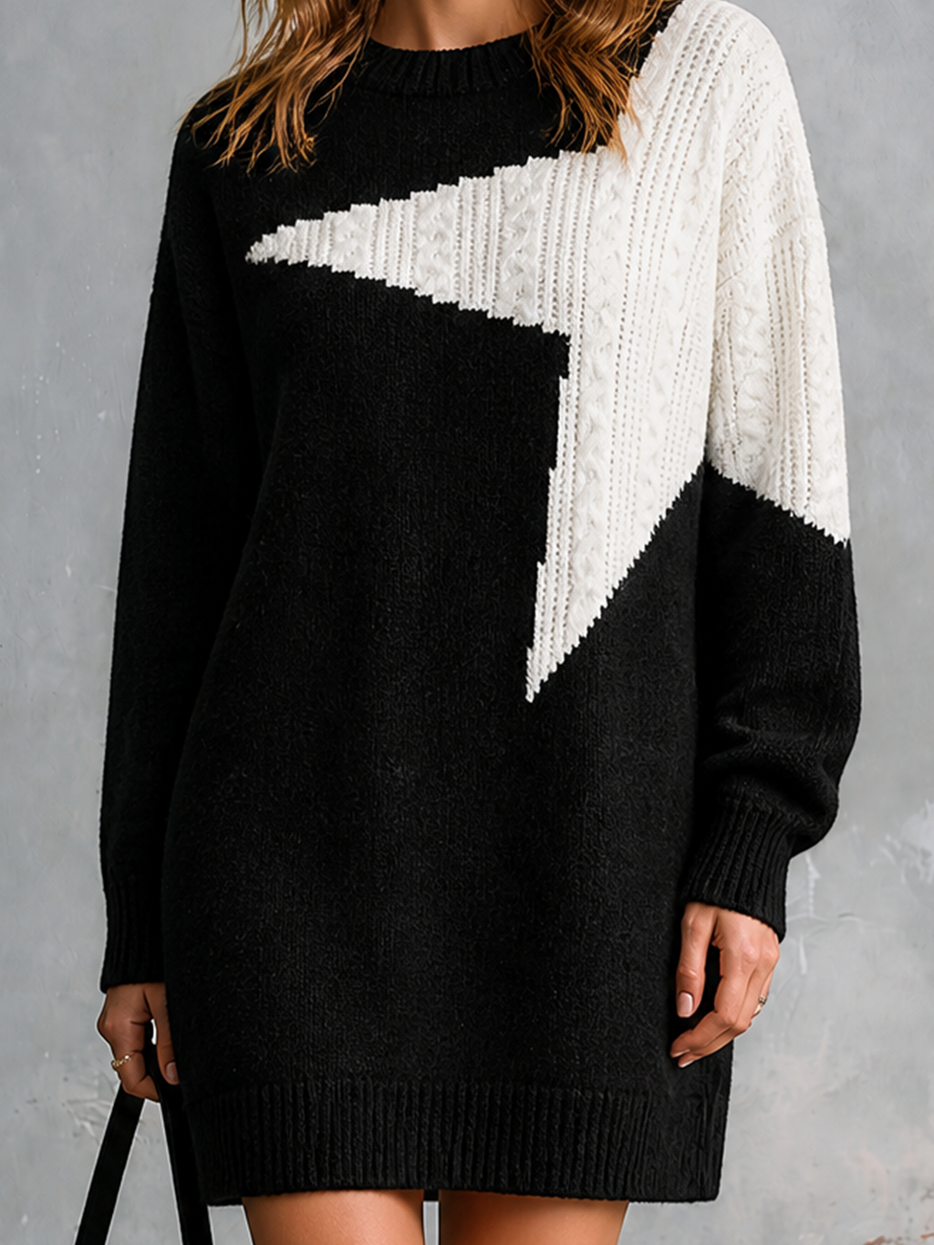 Chic Elegant Black-White Colorblock Star Jacquard Round-Neck Dropped-Shoulder Long-Sleeve Loose-Fit Knit Mini Dress