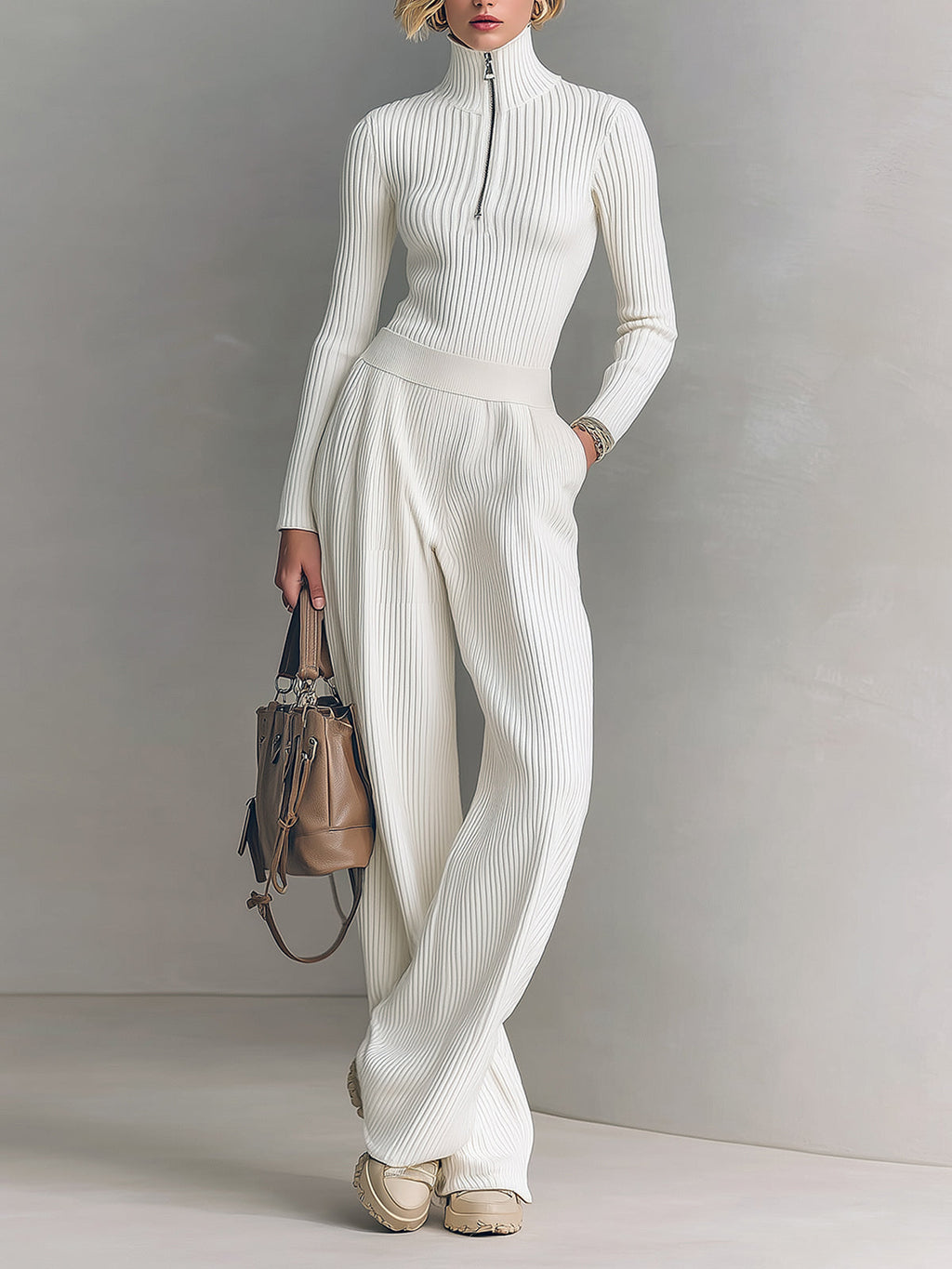 Chic Elegant Zip-up Mock Neck Slim-Fit Sweater Elastic Waist Wide-Leg Pants Knit Two-Piece Set