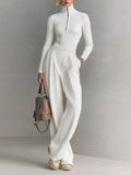 Chic Elegant Zip-up Mock Neck Slim-Fit Sweater Elastic Waist Wide-Leg Pants Knit Two-Piece Set