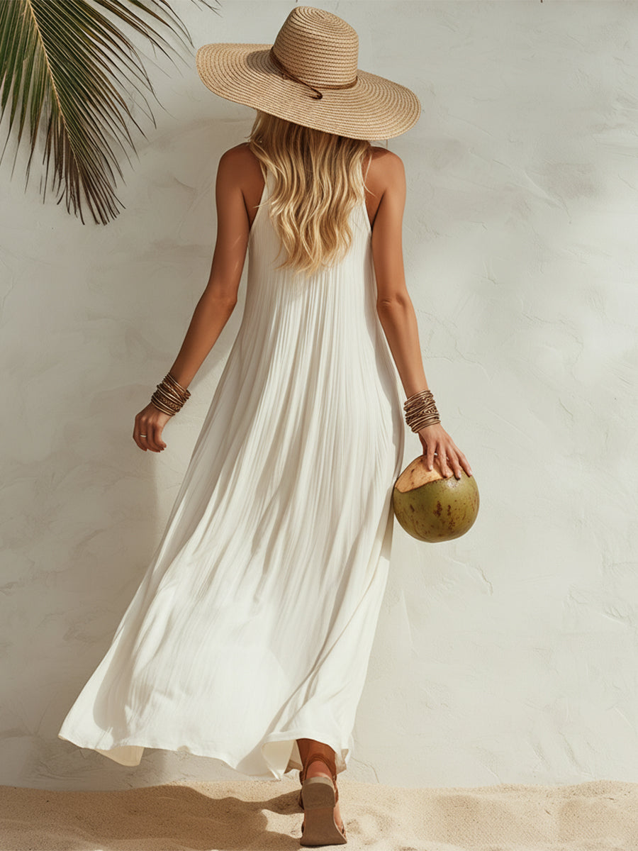 Elegant Coastal Resort Cream White Sleeveless Maxi Dress