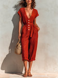 Chic Elegant Red Deep V-Neck Short-Sleeve Button-Front Loose-Fit Waffle Knit Cropped Jumpsuit