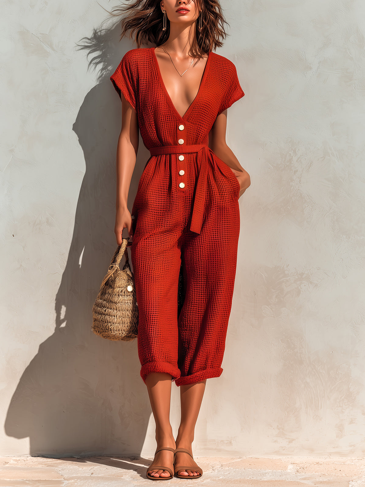 Chic Elegant Red Deep V-Neck Short-Sleeve Button-Front Loose-Fit Waffle Knit Cropped Jumpsuit